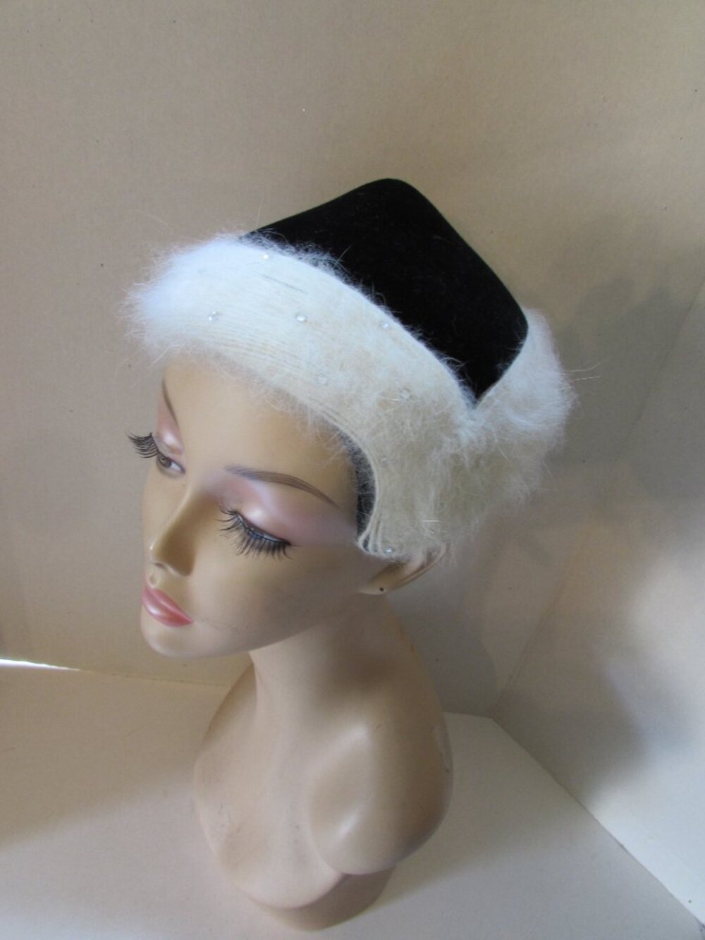 Vintage Hat Black Velvet Cone Shape White Angora Brim